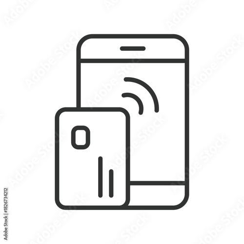 NFC card smartphone icon in line design. NFC card, contactless card, smartphone payment, tap card, wireless payment, mobile finance, authentication, digital pay on white background vector. NFC card