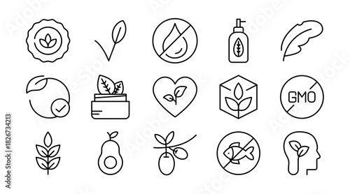 Organic Vegan Line Icon Set. Organic food, natural farming, vegan, bio product, sustainable, allergen free, cosmetic, healthy lifestyle, agriculture icons vector illustration. Pixel-perfect stroke