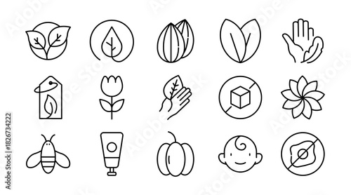Organic Vegan Line Icon Set. Organic food, natural farming, vegan, bio product, sustainable, allergen free, cosmetic, healthy lifestyle, agriculture icons vector illustration. Pixel-perfect stroke