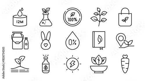 Organic Vegan Line Icon Set. Organic food, natural farming, vegan, bio product, sustainable, allergen free, cosmetic, healthy lifestyle, agriculture icons vector illustration. Pixel-perfect stroke