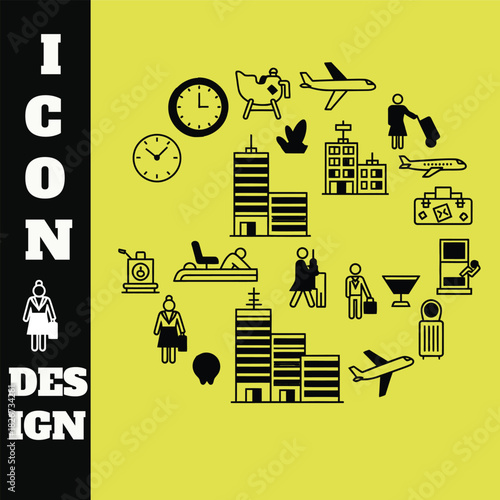 Airport design with runway control tower and air traffic elements in vector format