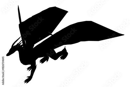 A black and white silhouette of a powerful dragon soaring through the air against a stark white background.