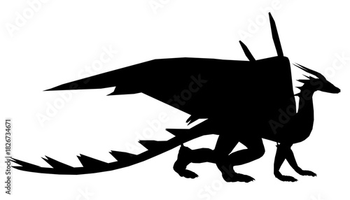 Black dragon silhouette with spread wings and sharp claws, depicted in a clipart style on a white background. Its bright yellow eyes and deep black scales create a majestic appearance.