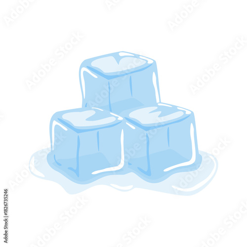 Ice cubes. Simple Vector illustration isolated on white background.	Cartoon-style ice cubes featuring transparent blue frozen water in various arrangements