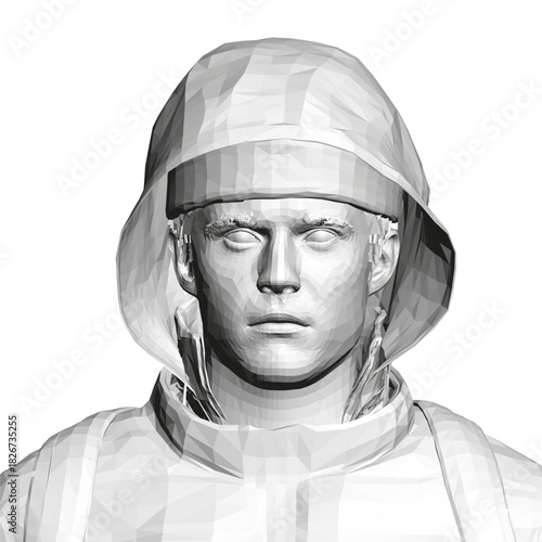 A man in a warm winter hoodie and backpack stands against a stark white background in this black and white portrait.