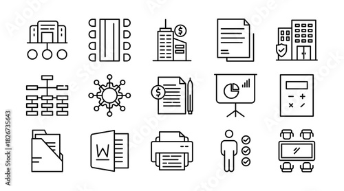 Office and Business Line Icon Set. Workplace, meeting, team, office desk, work, communication, document, presentation, finance, management, productivity icons vector illustration. Pixel-perfect stroke