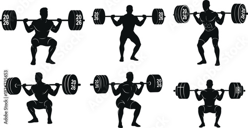 2026 Weightlifter silhouettes squatting with barbell, heavy lifting workout, gym fitness training vector icon set.