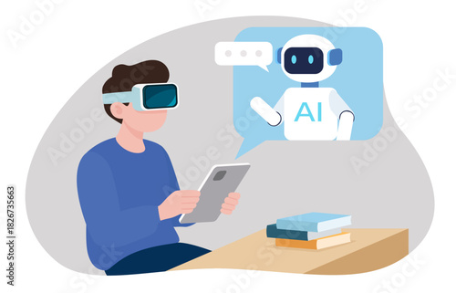 A student using a VR headset and tablet to interact with an AI tutor. AI technology assists in learning, New educational methods.