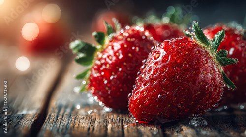 Three red strawberries on a wooden table. The strawberries are shiny and wet, giving them a fresh and juicy appearance. Concept of freshness and natural beauty