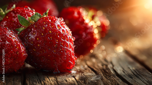 A close up of a bunch of red strawberries on a wooden table. The strawberries are shiny and glistening, giving the impression of freshness and juiciness. Concept of abundance and natural beauty