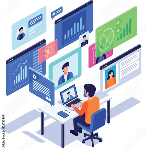 An office worker sits at a desk with multiple computer monitors displaying various business data and graphs in a modern workspace.
