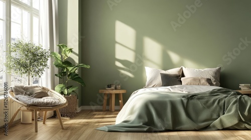 A bright and modern urban bedroom with a queen-size bed, muted sage green walls, and sleek wooden flooring, blending serenity with style.