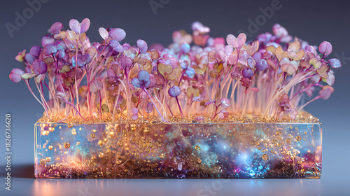 A glass container with a colorful arrangement of flowers and plants. The flowers are pink and purple, and the container is filled with sand. The image has a calming and peaceful mood, as the flowers