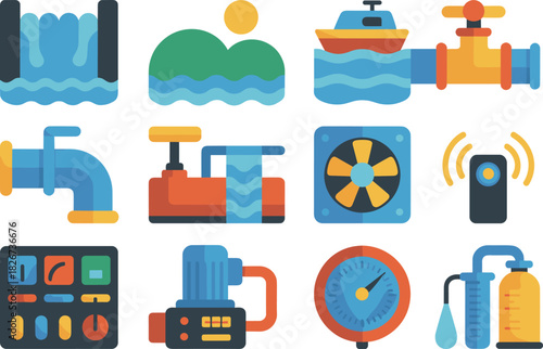 Flat design water supply and plumbing system icons, including valves, pipes, hydro infrastructure and industrial flow control symbols for utility illustrations