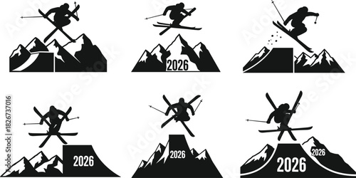 2026 Winter sports skier silhouettes set, freestyle skiing jumps over mountains, black and white vector icons collection.