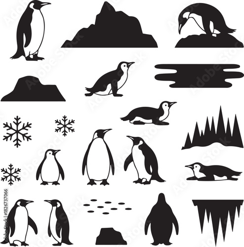 Penguins Silhouettes Vector Set Illustration with Snowflakes and Icebergs