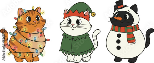 Three cartoon cats dressed up in christmas outfits against a plain background looking forward