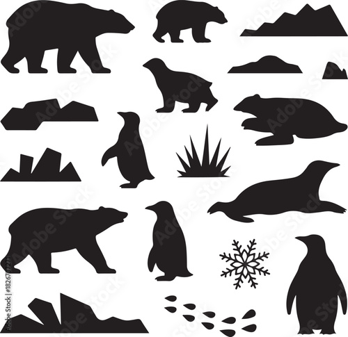 Polar Animals and Arctic Landscape Black Silhouettes Illustration Vector Design
