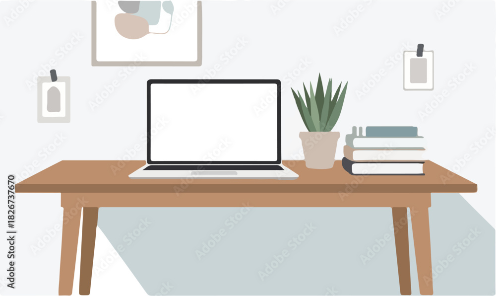 Fototapeta premium A modern wooden desk with a laptop, books, and a potted plant in a minimalist home office setting with a clean and organized look.