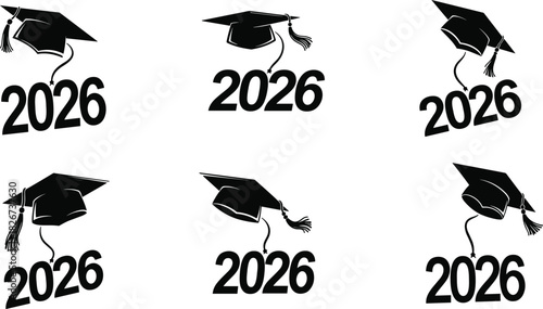 Class of 2026 graduation cap vector set, black mortarboard silhouette icons with tassels, academic ceremony logo collection for college, university.