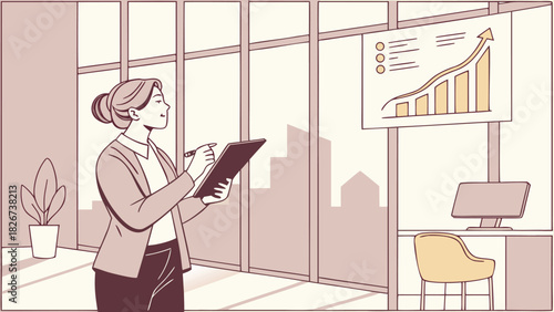 Professional woman analyzing growth chart in bright office, planning business strategy and marking progress, vector illustration for success