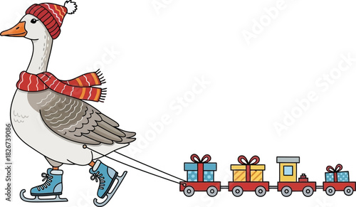 A goose wearing a hat and scarf ice skating while pulling a gift train on a white background