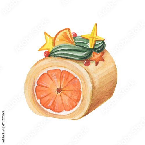 Watercolor hand-drawn christmas cake with orange. Food illustration of dessert.