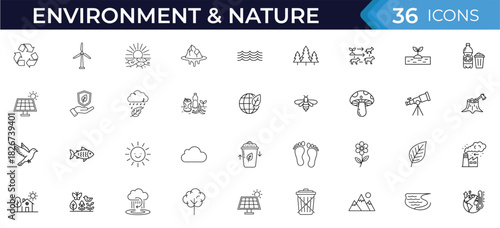 Environment and nature line icon set. Vector pictograms of climate, recycle, plants, animals, pollution, sun, water, and ecology illustration
