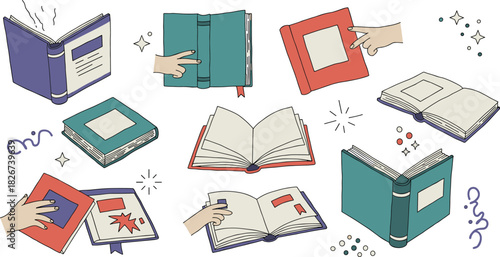 Book icon vector—colorful books held by cartoon hands with sparkles, swirls, and stars for reading and creative learning visuals