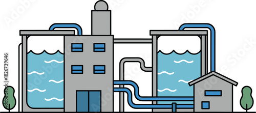 Modern water treatment plant illustration with storage tanks, pipelines, filtration system, industrial facility, clean water processing, environmental engineering design