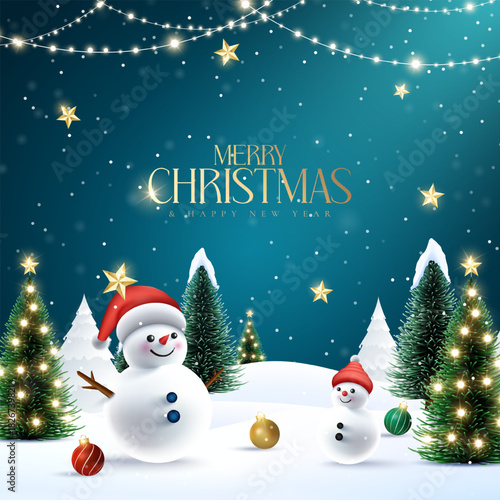Christmas ornaments with snowy scenes and glowing festive winter trees. Merry Christmas wish snowy background. Snowdrifts. Snowfall Cold weather. Winter season with 3D cheerful snowman.