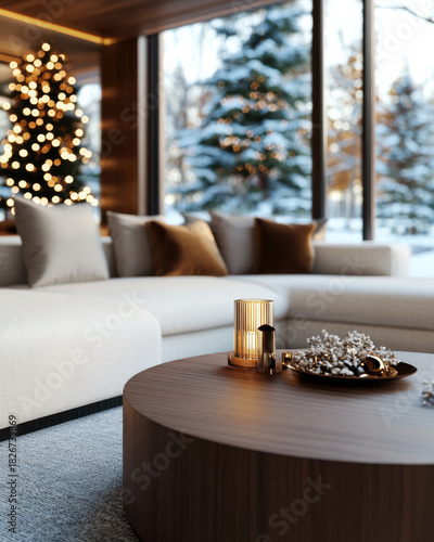 A cozy and modern living room featuring a plush sofa, warm lighting, and beautiful holiday decorations, creating a serene winter atmosphere perfect for relaxation.