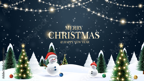 Christmas ornaments with snowy scenes and glowing festive winter trees. Merry Christmas wish snowy background. Snowdrifts. Snowfall Cold weather. Winter season with 3D cheerful snowman.