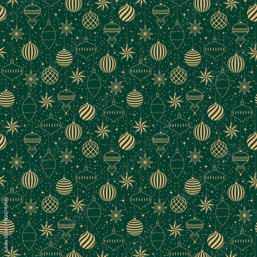 Christmas vector seamless pattern with golden baubles on a green background. Illustration for gift wrapping paper, surface textures, and scrapbooks.