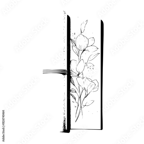 Elegant black and white floral line art drawing