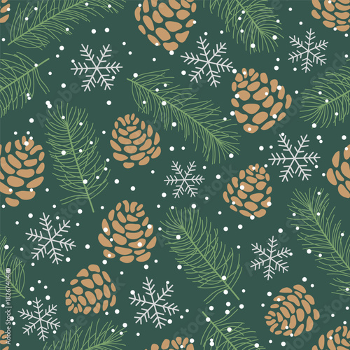 Vector Christmas seamless pattern design, pine cones, fir branches, and snowflakes.