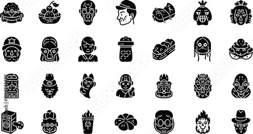 Set of twenty eight black vector glyph icons featuring quirky characters, monsters, skulls, avatars, and food isolated on white.