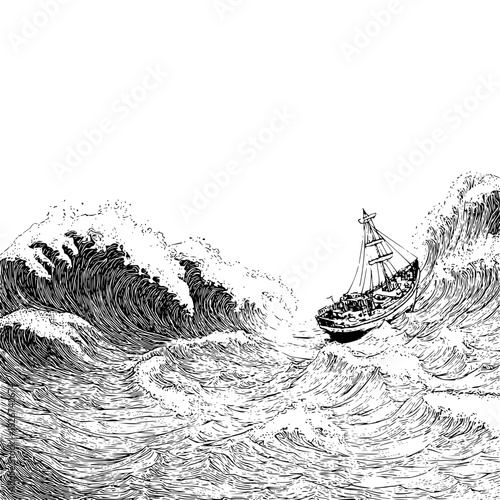 Black and white drawing of a small sailboat tossed by large ocean wave