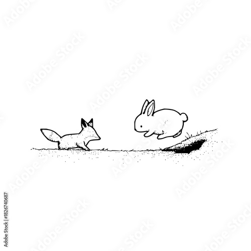 Cute cartoon fox stalking a small rabbit in a simple sketch style