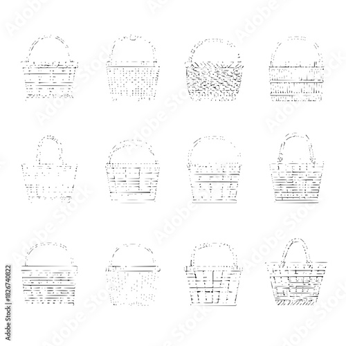 Collection of twelve vintage wicker basket outline icons