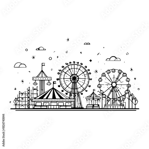 Black and white line art drawing of a carnival amusement park scene