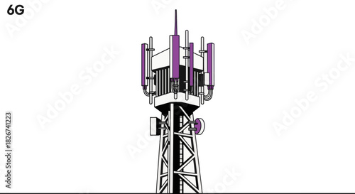 6G telecommunications tower vector illustration. Mobile network antenna mast isolated on transparent background. Wireless technology infrastructure concept