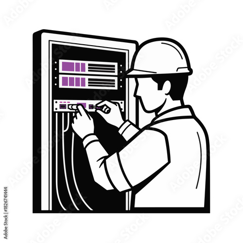 Engineer configuring server rack. Technician connecting network cable to hardware. Line art vector illustration