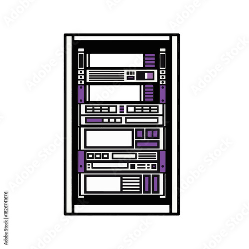 Vertical illustration of a server rack front view. Flat design icon for data center and web hosting. IT hardware and network equipment vector graphic