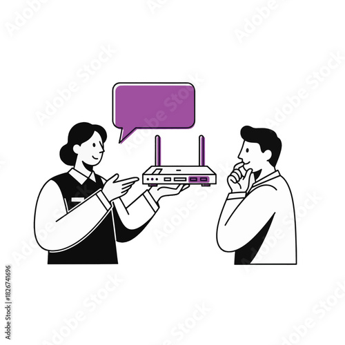 Sales employee explaining a wifi router to a customer. Minimalist line art illustration of tech support and sales. Vector graphic for internet and network services