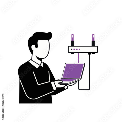 IT technician updating router firmware icon. Minimalist flat design vector illustration of a network administrator with a laptop. Tech support and internet service concept