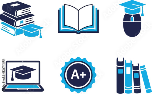 Online education learning success icons vector set. graduation cap books laptop a+ grade symbol