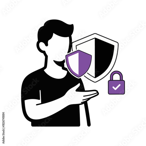 Cybersecurity and user authentication icon. Flat vector illustration of a person with a shield and padlock. Concept for data protection and privacy