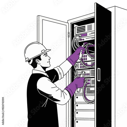 An IT technician working on a server rack. Data center maintenance and network administration concept. Line art vector illustration