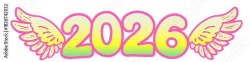 winged 2026 year design in pastel colors with pink outline for a playful and celebratory look